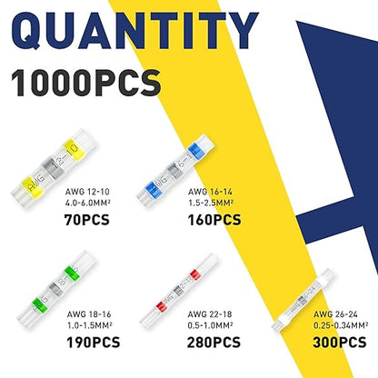 haisstronica 1000PCS Solder Seal Wire Connectors,Marine Grade Heat Shrink Wire Butt Connectors AWG 26-10 (5Colors/5Sizes) with Removable Storage Bins