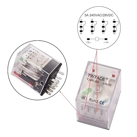 TWTADE/DC 12V Relay 5A Electromagnetic Power Coil Relay 14 Pins 4PDT 4NO+4NC HH54P MY4J with Indicator Light & Socket Base -YJ4N-GS