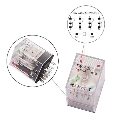 TWTADE/AC 12V Relay 5A Electromagnetic Power Coil Relay 14 Pins 4PDT 4NO+4NC HH54P MY4J with Indicator Light & Socket Base -YJ4N-GS