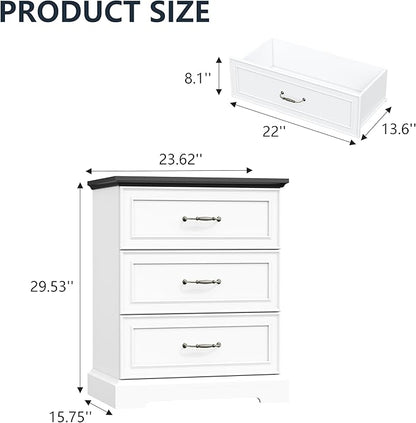 Nightstand Set of 2,24" Wide End Table with 3 Large Drawers & Metal Handles,Rustic Farmhouse Wood Small Dresser,Bedside Table,Modern Chest of Drawers for Bedroom,Living Room,White