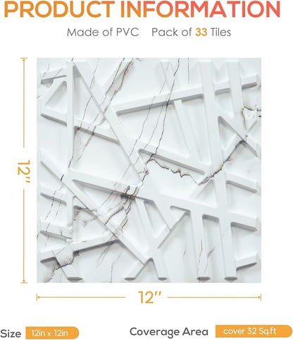 LEVOWAY 33 Pack 3D Wall Panels for Interior Wall Decor, 12''x12'' White Marble Accent Textured Wall Panels for Living Room, Gaming Room, TV Background, Cover 32 Sq.Ft