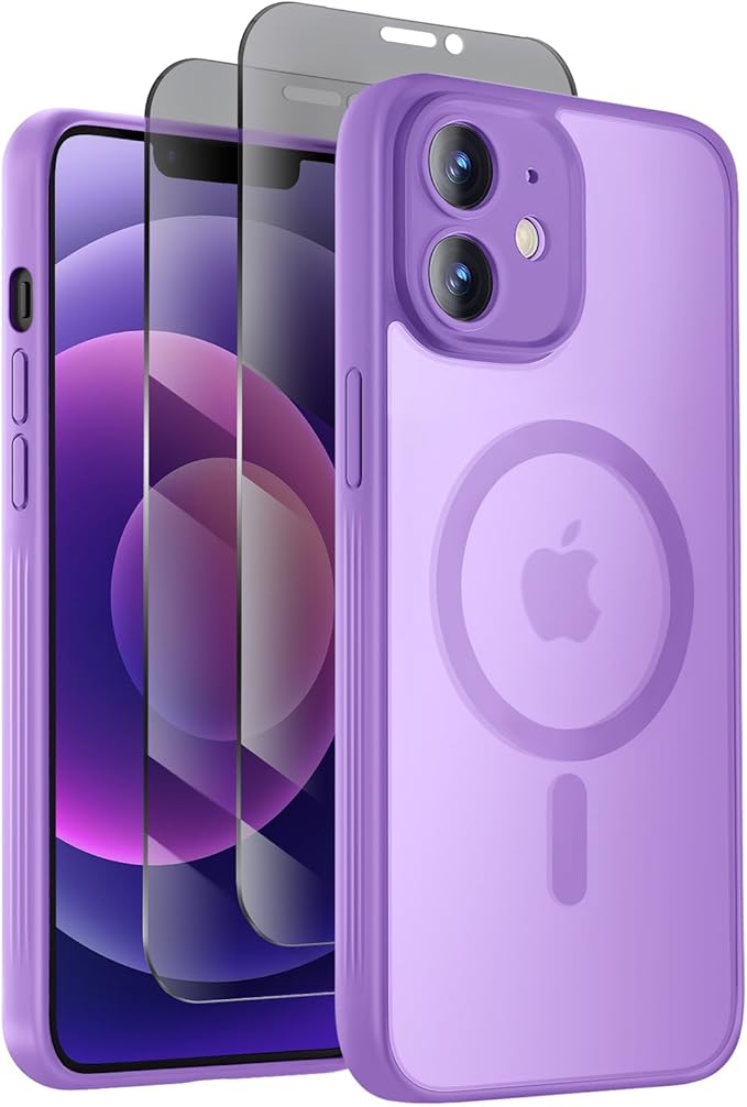 Designed for iPhone 12 Case, Compatible with MagSafe, with Privacy Screen Protectors X2, [Camera Protection] [15FT Military Drop Protection] Shockproof Phone Case, 6.1", Light Purple
