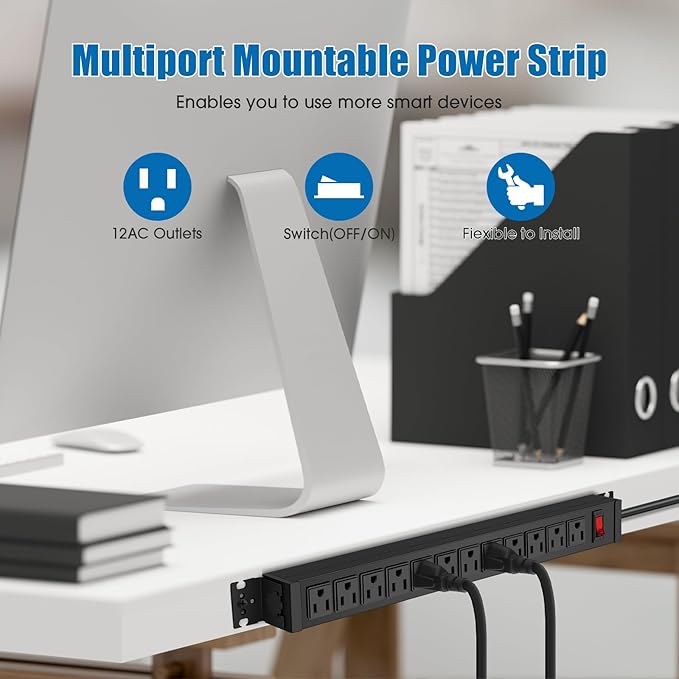 HHSOET 2 Pack Rotating Mountable Power Strip, 12 Outlet Wall Mount Surge Protector, Metal Heavy Duty and Versatile Outlet Strip, Stylish Appearance, Sturdy and Durable, 6ft Power Cord.(Black)