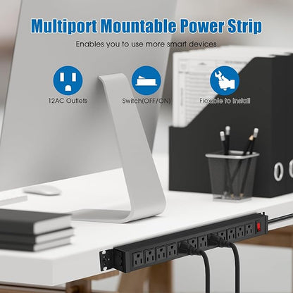 HHSOET 2 Pack Rotating Mountable Power Strip, 12 Outlet Wall Mount Surge Protector, Metal Heavy Duty and Versatile Outlet Strip, Stylish Appearance, Sturdy and Durable, 10ft Power Cord.(Black)