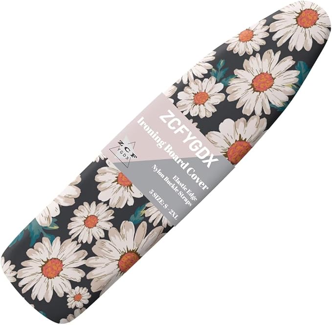ZCFYGDX Breathable Ironing Board Cover,Resist Scorch Polyester & Staining,Wear & Soil Resistant Covers, Easy Installation 3 Fasteners,Elastic Edges (18 x 58 inch) Oil Painting White Daisy Print