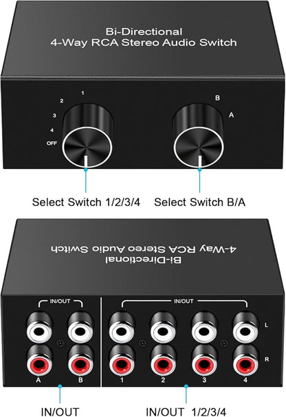 4-Way Stereo Audio Switcher, Bi-Directional Audio Selector Box for Blu-ray Players or DVD Players Active Speakers (2In-4Out/4In-2Out)