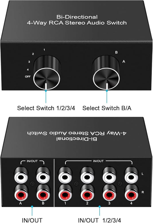 4-Way Stereo Audio Switcher, Bi-Directional Audio Selector Box for Blu-ray Players or DVD Players Active Speakers (2In-4Out/4In-2Out)