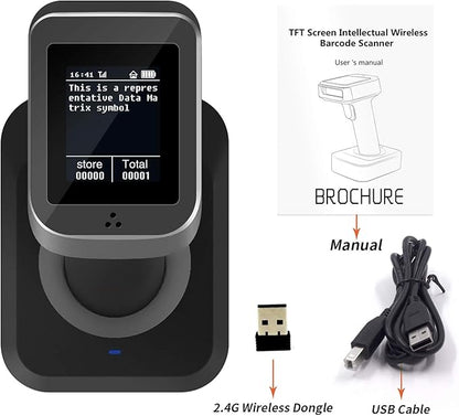Symcode 2D QR Bluetooth Barcode Scanner with Screen Display with Charging Base,3 in 1 Compatible with Bluetooth & 2.4GHz Wireless & Wired Connection with 1.8 inch TFT Color LCD Screen