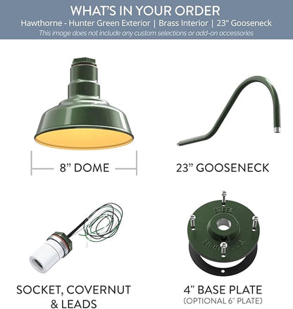 Steel Lighting Co. Hawthorne Barn Light | Outdoor Wall Mounted | 8 inch Dome | 23" Gooseneck | Small Farmhouse Light Made in America | Hunter Green Exterior/Brass Interior