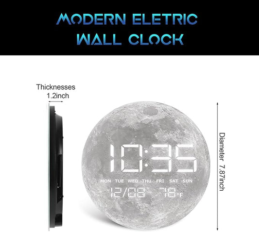 HOMLOVE Digital Desk Clock with Large LED Display, Moon Modern Date Temperature Clock [TYPC-in] for Shelf, Table, Mantel or Bedside, (Moon, 7.87 INCH)
