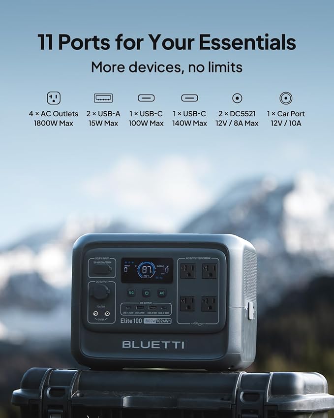 BLUETTI Elite 100 V2 Portable Power Station & Charger 1 (ships separately), 1024Wh LFP w/ 1800W AC, 560W DC-DC Charging, 1.8 H Full Charge via Car, Ideal for Car Camping, Vanlife, RV Travel