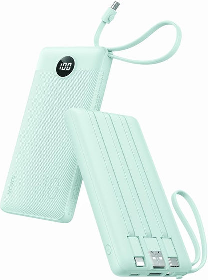 VRURC Portable Charger for iPhone, 22.5W Fast Charging Power Bank 10000mAh, USB C Battery Pack 4 Outputs 3 Inputs, Slim Phone Charger with Cables for iPhone 17 16 15 14 13,Samsung Galaxy-Green(1 Pack)