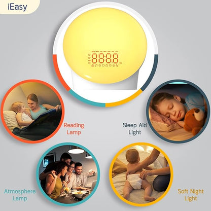 iEasy Wake up Light Sunrise Alarm Clock for Everyone, Sunrise Sunset Simulation, Sleep Aid, Dual Alarms, FM Radio, Snooze, Nightlight13 Colors 23 Sleep Sounds 28 Built-in Alarm Tone 32 Volumes Gift