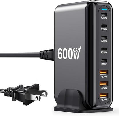 600W USB C Charger 100W USB C Charger Block, GaN III 8-Port Fast Charging Station Hub,PD 3.1 140W Laptop Charger Adapter Compatible with MacBook Pro/Air,DELL,Steam Deck,iPhone 16/15/14,Galaxy S25