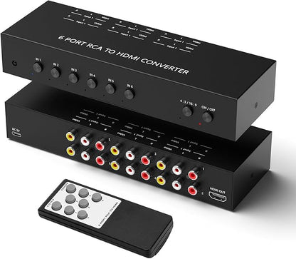 RuiPuo 6Port AV to HDMI Converter RCA/Composite/CVBS Adapter Support 16:9/4:3 Switch for Wii/N64/PS1/PS2/PS3/VHS/VCR/DVD Players etc (6Port RCA in to 1 HDMI Converter with IR Remote)