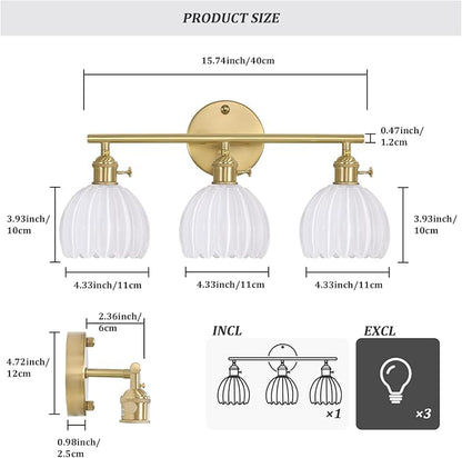 Shenmoyl Bathroom Light Fixtures, 3-Light Brass Vanity Wall Light Over Mirror with White Tulip Glass Shade for Bedroom Living Room (Bulb Not Included)
