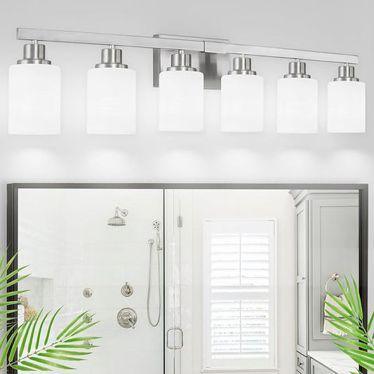 DIKAIDA 38" Bathroom Vanity Light, 6-Light Nickel Vanity Lights for Bathroom, Wall Sconce Lighting with Milky White Glass Shade, Wall Lights,Bath Vintage Wall Mounted Lamps for Mirror Bedroom