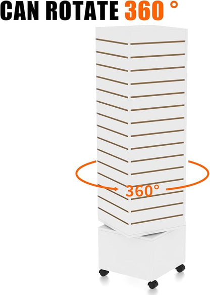16" W * 16" D * 62" H - White Slatwall Tower, Four Panel Slatwall Retail Fixture, Rotating Retail Display Rack