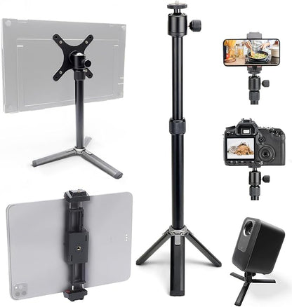 Kado Metal Portable Monitor Stand Tripod, 2-In-1 Phone/Tablet Clamp Portrait/Landscape, 100x100mm 75x75mm Wall/Arm Mount Adapater Bracket Plate, 360° Ball Head Compact for Projector, Camera and Webcam