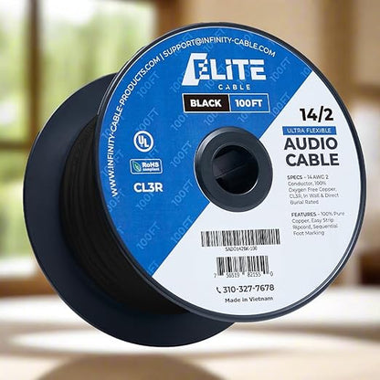 Elite 14/2 Speaker Wire 100ft, UL Listed, CMR/CL3R, (Riser/In-Wall & Outdoor/In-Ground (Direct Burial)- 100% Oxygen Free Pure Bare Copper (OFC), 14AWG/2-Conductor, 100ft Bulk Cable (105 strands) Black