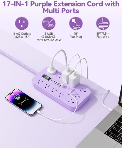 Purple Extension Cord with Multiple Outlets- 5 FT Lavender Power Strip, Girls Extension Cord with 11 AC Outlet 6 USB (24W/4.8A), Charging Station for Purple Women Lavender Desk Decor Essentials Gifts