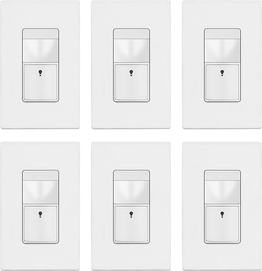 TOPGREENER Motion Sensor Switch, PIR Sensor with Ambient Light Level, Occupancy & Vacancy Modes, No Neutral Required, Ground Wire Required, 150W LED/CFL, Single Pole, TDOS5-JM-W-6PCS, White, 6 Pack