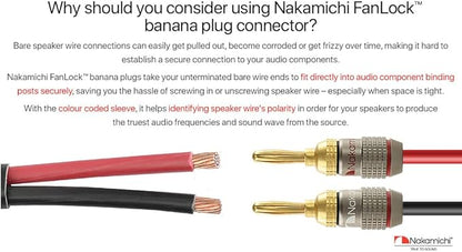 Nakamichi FanLock Excel Series 24k Gold Plated Banana Plugs 10 AWG - 18 AWG Gauge Size 4mm for Speakers Amplifier Hi-Fi Stereo Home Theatre Radio Audio Wire Cable Quick Connector, 12 Pcs (6-Pairs)