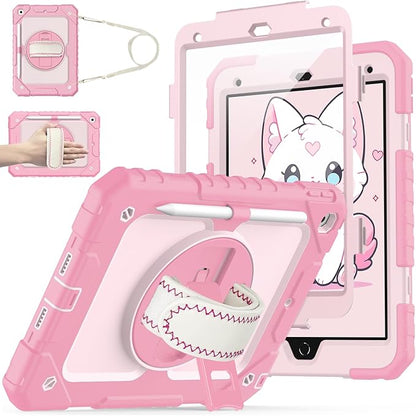 Cantis Case for iPad 9th/8th/7th Generation with Screen Protector, iPad 10.2 Case 2021/2020/2019 with 360 Degree Rotating Stand/Shoulder Strap/Pencil Holder, Pink