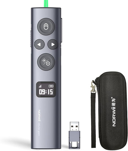 Norwii N95s BLE Presentation Clicker with Digital Pointer for PowerPoint Presentation on TV Screen and Projection Screen, Wireless Presenter Remote with Countdown Timer (Green Light-USB-AC)