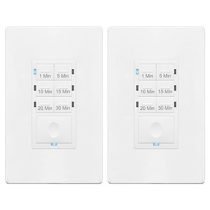 ENERLITES Countdown Timer Switch for bathroom fans and household lights, 1-5-10-15-20-30 Min Settings with Manual Override, Always On Blue LED, Neutral Wire Required, UL Listed, HET06A, White, 2 Pack