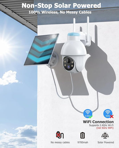 Rebluum Security Camera Wireless Outdoor, 2K Solar Security Camera,Battery Powered 360°PTZ Outdoor Camera,Color Night Vision,2-Way Audio,PIR Motion Detection,Compatible with Alexa