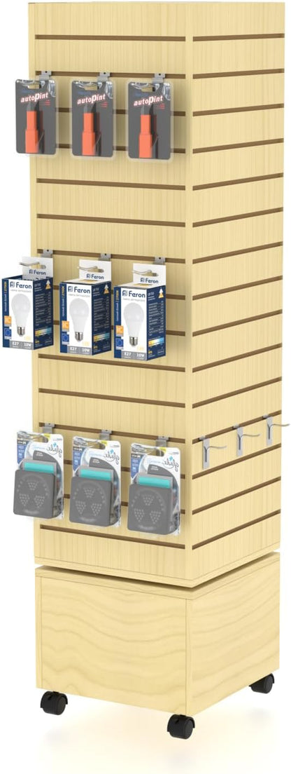 16" W * 16" D * 62" H - Maple Slatwall Tower, Four Panel Slatwall Retail Fixture, Rotating Retail Display Rack