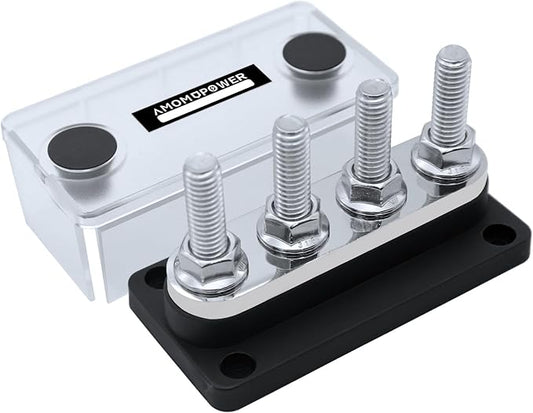 AMOMD 300A Bus Bars 4 Terminal Studs (3/8 inch) M10 Nickel Plated Copper Distribution Block Negative Electrical Buss Bars 12-48 V DC with Cover for Trailer Marine Boat Car RV (Black)