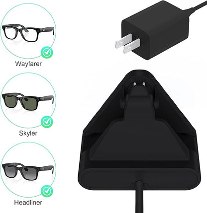 Smart Glasses Charging Stand Dock Compatible with Ray-Ban Meta Wayfarer, Headliner, Skyler, Renewed, Oakley Meta HSTN, Portable Smart Glasses Charger Dock with Charging Adapter (Black)