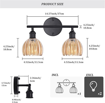 Shenmoyl Bathroom Light Fixtures, 2-Light Black Vanity Wall Light Over Mirror with Amber Tulip Glass Shade for Bedroom Living Room (Bulb Not Included)