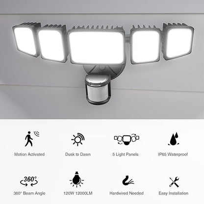 Onforu 120W 12000LM LED Security Lights Motion Sensor Outdoor, Dusk to Dawn Flood Lighting, 5 Heads 360° Wide Angle Illumination, 6500K IP65 Waterproof Hardwired Floodlight Motion Detection (Black)