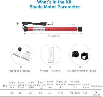 Rollerhouse RTS 12V DC Radio Controlled Tubular Motors for Electric Mini Roller Blind Compatible 1”(25mm) and 1-1/8”(28mm) Roller Shades
