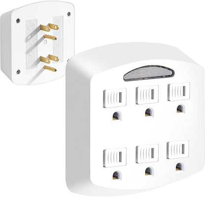 6-Outlet Extender, 3-Prong Ground Wall Tap Adapter with Safety Cap & LED Guide Light, Cruise Essentials, Multiple Plug Electrical Outlets Splitter for Home, Office, Dorm Room, ETL Listed, White