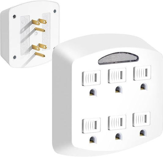 6-Outlet Extender, 3-Prong Ground Wall Tap Adapter with Safety Cap & LED Guide Light, Cruise Essentials, Multiple Plug Electrical Outlets Splitter for Home, Office, Dorm Room, ETL Listed, White