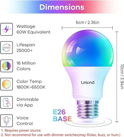Linkind Smart Light Bulbs with Remote Control, Smart Bulb That Work with Alexa & Google Home, 16 Million Color Changing Light Bulbs 60W, A19 E26 2.4Ghz WiFi Light Dimmable,1800K-6500K,800lm 4 Pack