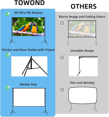 TOWOND Outdoor Projector Screen with stand, 120 inch Portable Movie Screen - 16:9 4K HD Foldable Anti-Crease Projection Screen with Carry Bag for Movie Nights, Camping and Parties Support Double Sided
