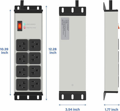 CCCEI 2PCS Heavy Duty Power Strip Surge Protector 20 AMP, 8 Outlets 12 Gauge Shop Garage Metal Multiple Outlets, 15 FT Extension Cord 5-15P Adapter High Amp 6-20R T-Slot 20a for Appliance Grey.