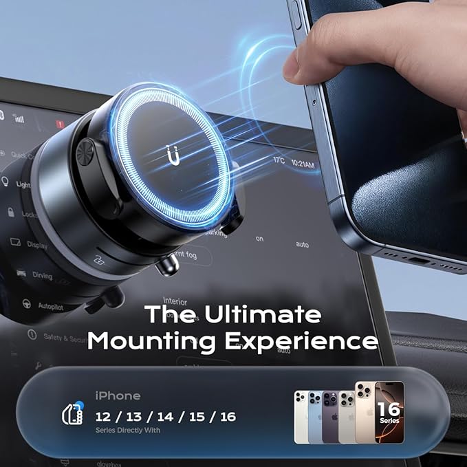 360° Rotation Clip on Car Phone Mount, 2 IN 1 Adjustable Magnetic Car Phone Holder Vacuum Suction Cup Phone Stand Foldable Cellphone Mount with Concealable Ears for All Smartphones