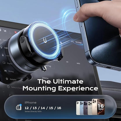 360° Rotation Clip on Car Phone Mount, 2 IN 1 Adjustable Magnetic Car Phone Holder Vacuum Suction Cup Phone Stand Foldable Cellphone Mount with Concealable Ears for All Smartphones