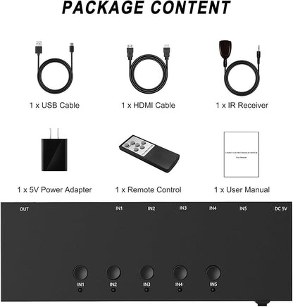 5-in-1 HDMI Converter with 4k@60Hz HDMI Switch & Infrared Remote Control - Ideal for Nintendo Switch/OLED/Xbox PS5/4/3 Blu-Ray Player Fire TV Stick Roku Apple TV Chromecast PC