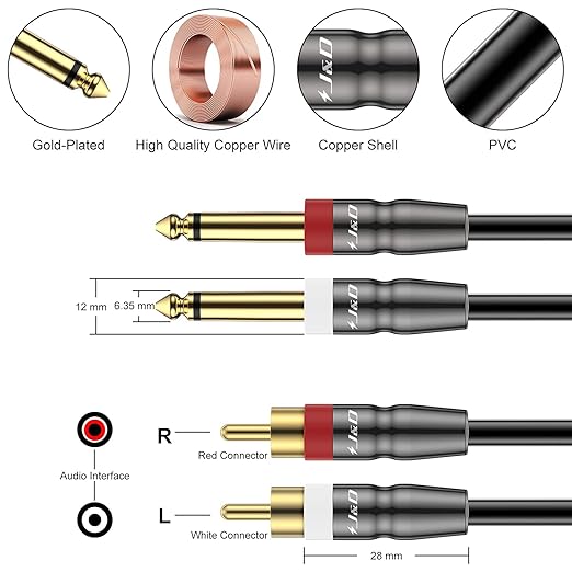 J&D Dual 1/4 inch TS to Dual RCA Cable, Heavy Duty 1/4 Male to RCA Male Adapter Stereo Audio Interconnect Quarter inch Cable, 20 Feet