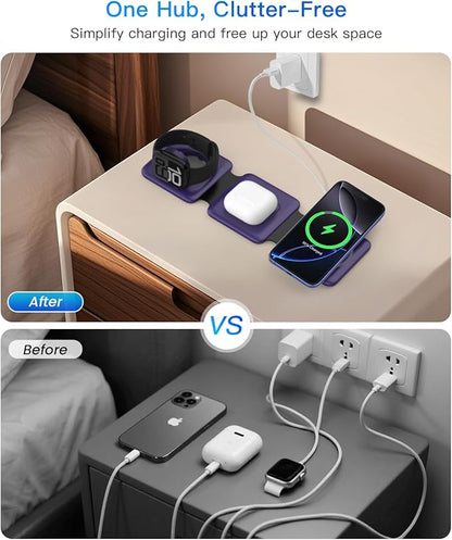 Iseyyox Charging Station for Mag Safe Apple - 3 in 1 Magnetic Foldable Wireless Charger Pad - Travel Charging Mat for iPhone 16 15 14 13 12 Pro Max Plus Watch & Airpods