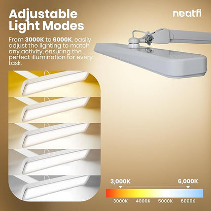 Neatfi (New Model) XL 2,500 Lumens LED Task Lamp, 5 Light Modes, 3000-6000K Correlated Color Temperature, 30W, Dimmable, 324 Pcs SMD LED, Desk Light for Home, Office (CCT with Base, White)