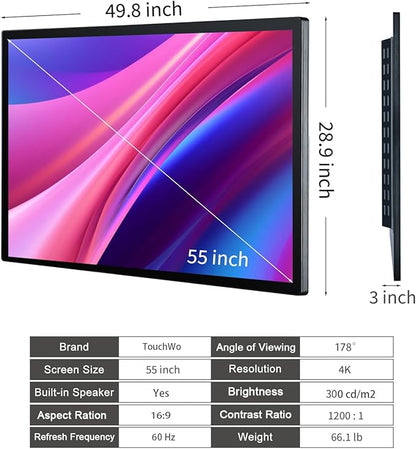 TouchWo 55" Interactive Touchscreen Monitor, Smart Board FHD 1080P Display with Wall Mount, Android 12 Smart Touch Screen Presentation Electronic Whiteboard for Office & Classroom, RAM 4G & ROM 64G