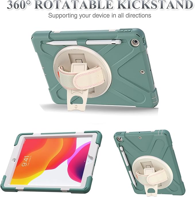ZenRich Shockproof Case for iPad 9th/8th/7th Generation 10.2 inch 2021/2020/2019, Heavy Duty Rugged Case with Pencil Holder/360° Rotating Kickstand/Handle/Carrying Strap, EmeraldGreen
